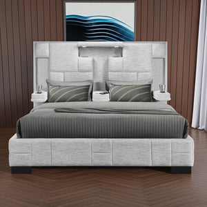 HomeRoots Gray Tufted Upholstered King Bed Frame with Built-in Charging, LED Lights, and Cup Holders for Comfort 564736