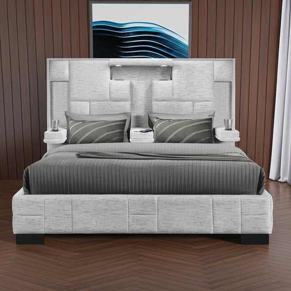 HomeRoots Gray Tufted Upholstered King Bed Frame with Built-in Charging, LED Lights, and Cup Holders for Comfort 564736