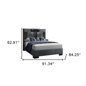 HomeRoots Gray Tufted Upholstered King Bed Frame with Built-in Charging, LED Lights, and Cup Holders for Comfort 564736