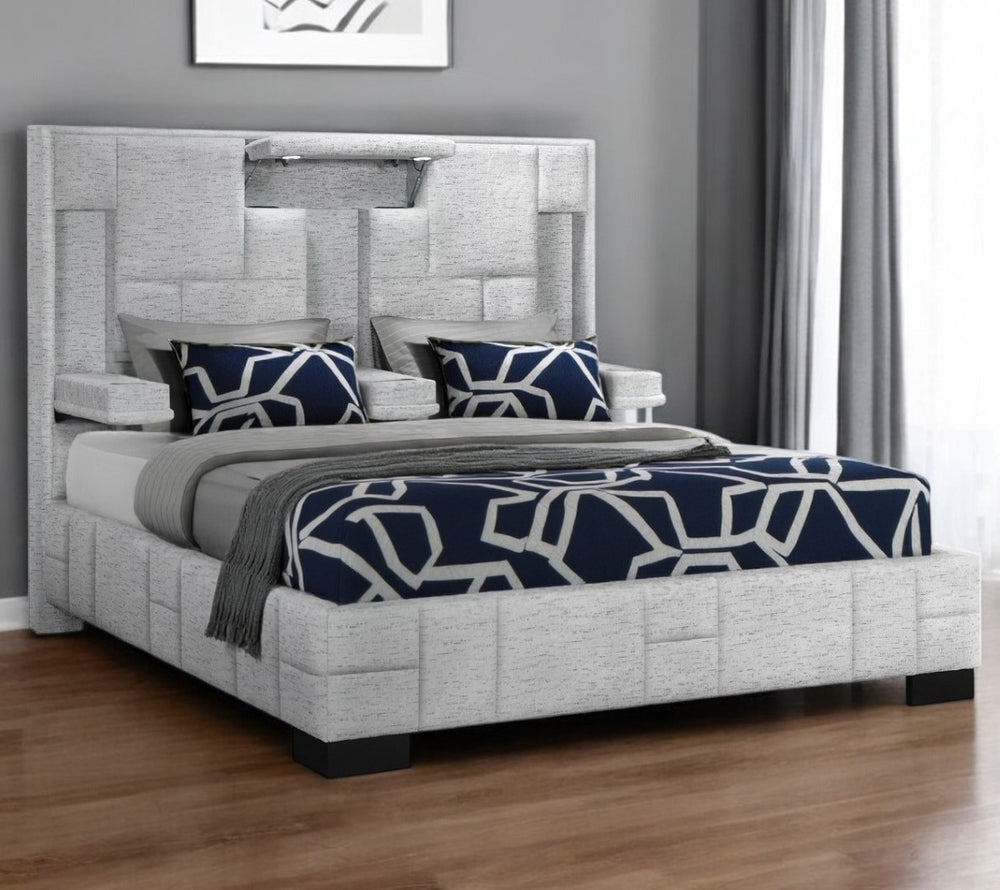 HomeRoots Black Upholstered Queen Bed Frame with USB, LED Lighting, Bluetooth Speakers & Modern Design 564737