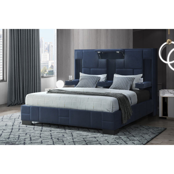 HomeRoots Navy Blue Tufted King Bed Frame with LED Lights, Wireless Charging, and Armrests for Ultimate Comfort 564740