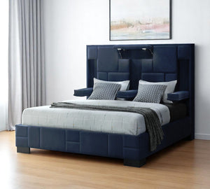 HomeRoots Navy Blue Tufted King Bed Frame with LED Lights, Wireless Charging, and Armrests for Ultimate Comfort 564740