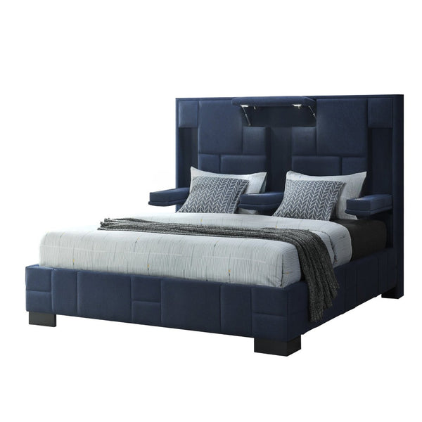 HomeRoots Navy Blue Tufted King Bed Frame with LED Lights, Wireless Charging, and Armrests for Ultimate Comfort 564740