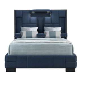 HomeRoots Navy Blue Tufted King Bed Frame with LED Lights, Wireless Charging, and Armrests for Ultimate Comfort 564740