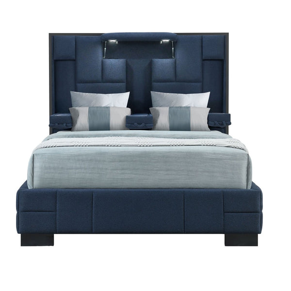 HomeRoots Navy Blue Tufted King Bed Frame with LED Lights, Wireless Charging, and Armrests for Ultimate Comfort 564740