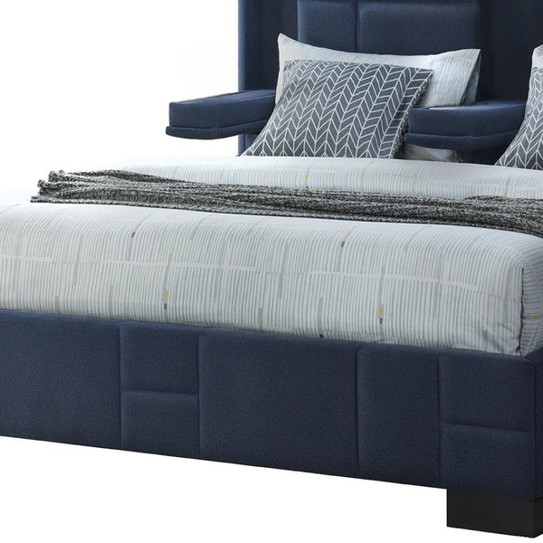 HomeRoots Navy Blue Tufted King Bed Frame with LED Lights, Wireless Charging, and Armrests for Ultimate Comfort 564740