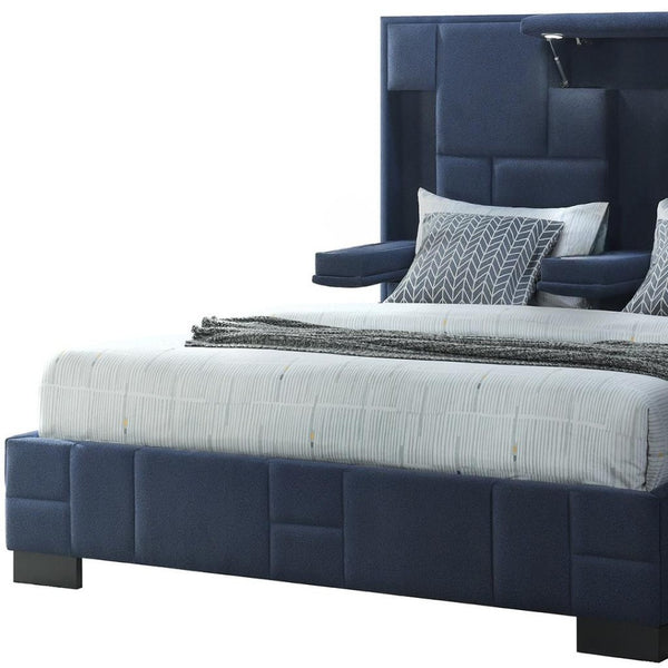 HomeRoots Navy Blue Tufted King Bed Frame with LED Lights, Wireless Charging, and Armrests for Ultimate Comfort 564740