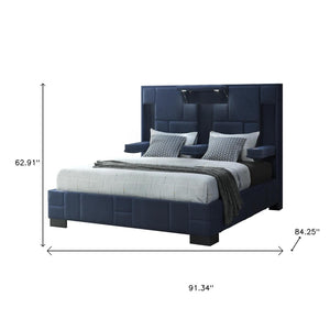 HomeRoots Navy Blue Tufted King Bed Frame with LED Lights, Wireless Charging, and Armrests for Ultimate Comfort 564740