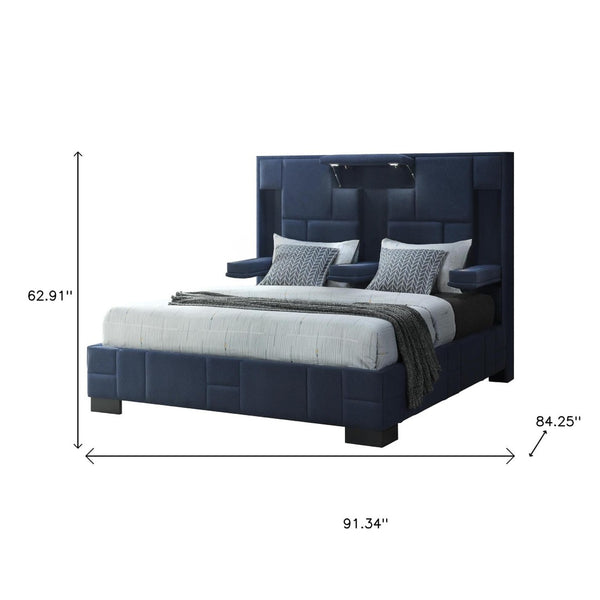 HomeRoots Navy Blue Tufted King Bed Frame with LED Lights, Wireless Charging, and Armrests for Ultimate Comfort 564740