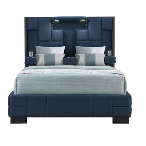 Homeroots Navy Upholstered Lighted Queen Bed Frame With Usb Ports, Bluetooth Speakers & Stylish Armrests  Wood 564741