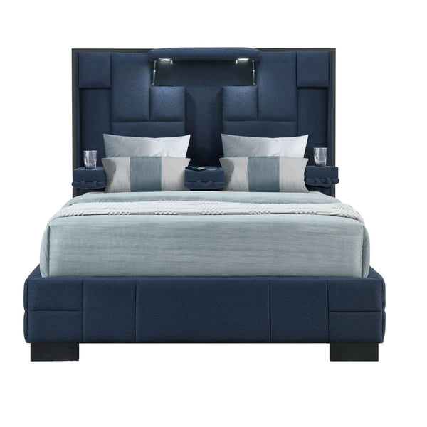 Homeroots Navy Upholstered Lighted Queen Bed Frame With Usb Ports, Bluetooth Speakers & Stylish Armrests  Wood 564741