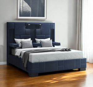 Homeroots Navy Upholstered Lighted Queen Bed Frame With Usb Ports, Bluetooth Speakers & Stylish Armrests  Wood 564741