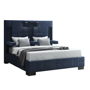 Homeroots Navy Upholstered Lighted Queen Bed Frame With Usb Ports, Bluetooth Speakers & Stylish Armrests  Wood 564741