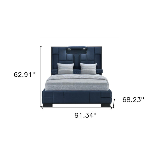 Homeroots Navy Upholstered Lighted Queen Bed Frame With Usb Ports, Bluetooth Speakers & Stylish Armrests  Wood 564741