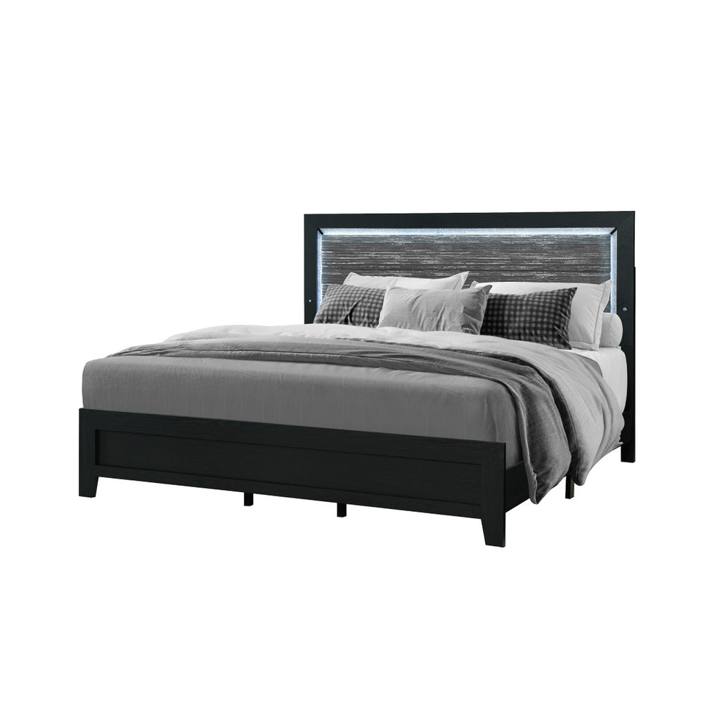 HomeRoots Black Modern Upholstered Full Bed Frame with Integrated Lighting & Stylish Black/Ash Gray Finish 564742