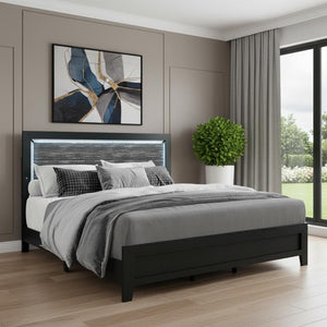 HomeRoots Black Modern Upholstered Full Bed Frame with Integrated Lighting & Stylish Black/Ash Gray Finish 564742