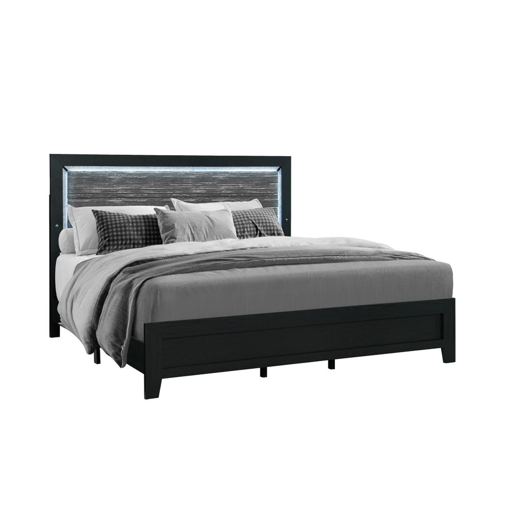 HomeRoots Black Velvet Lighted King Bed Frame with Wood Accents – Modern Design, LED Ambiance & Comfort 564743