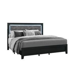 HomeRoots Black Velvet Lighted King Bed Frame with Wood Accents – Modern Design, LED Ambiance & Comfort 564743