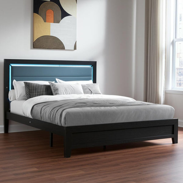 HomeRoots Black Upholstered Queen Bed Frame with Lighted Headboard - Modern Design in Black & Ash Gray 564744