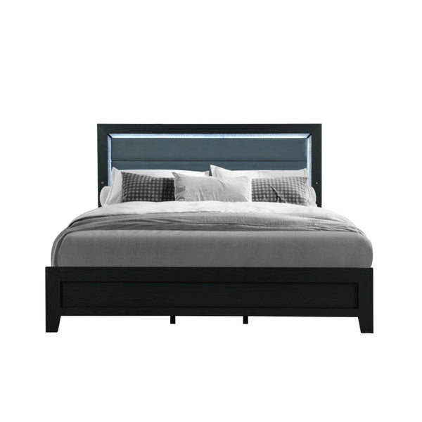 HomeRoots Black Upholstered Queen Bed Frame with Lighted Headboard - Modern Design in Black & Ash Gray 564744