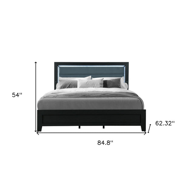 HomeRoots Black Upholstered Queen Bed Frame with Lighted Headboard - Modern Design in Black & Ash Gray 564744