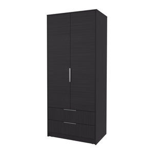 English Elm Forest 2 Door Wardrobe with Hanging Rod & 2 Drawers, Wengue — Compact Melamine Storage with Metal Handles, 74.4"H x 31.5"W x 20.5"D B128S00176
