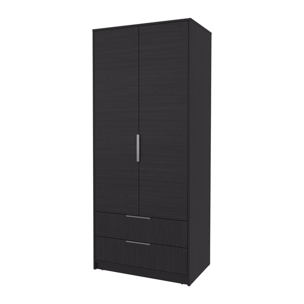English Elm Forest 2 Door Wardrobe with Hanging Rod & 2 Drawers, Wengue — Compact Melamine Storage with Metal Handles, 74.4"H x 31.5"W x 20.5"D B128S00176