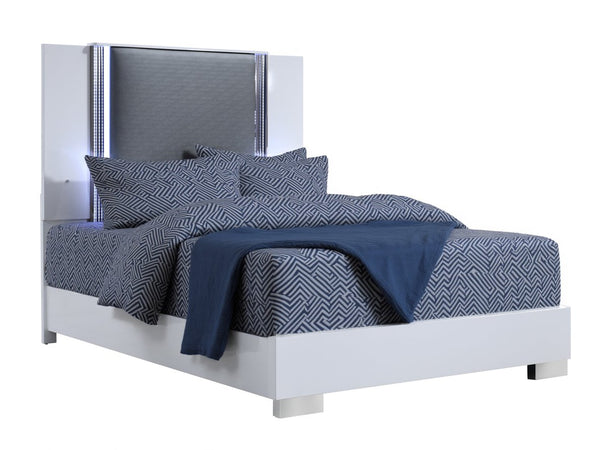 Homeroots White Luxurious Lighted King Bed Frame In White And Gray Wood With Faux Leather - Comfort Redefined!  Wood 564752