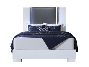 Homeroots White Luxurious Lighted King Bed Frame In White And Gray Wood With Faux Leather - Comfort Redefined!  Wood 564752