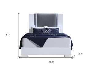 Homeroots White Luxurious Lighted King Bed Frame In White And Gray Wood With Faux Leather - Comfort Redefined!  Wood 564752