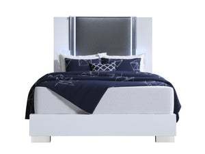 Homeroots White Luxurious Lighted King Bed Frame In White And Gray Wood With Faux Leather - Comfort Redefined!  Wood 564752