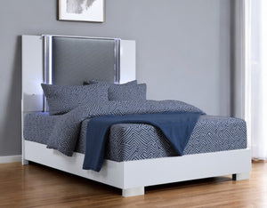 HomeRoots White Contemporary Queen Bed Frame with Gray Wood, Faux Leather, LED Lighted Headboard & Chrome Accents 564753