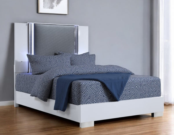 HomeRoots White Contemporary Queen Bed Frame with Gray Wood, Faux Leather, LED Lighted Headboard & Chrome Accents 564753