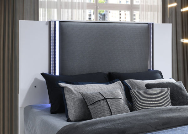 HomeRoots White Contemporary Queen Bed Frame with Gray Wood, Faux Leather, LED Lighted Headboard & Chrome Accents 564753