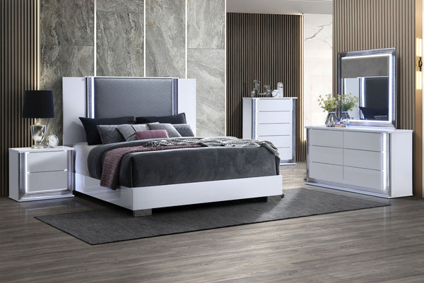 HomeRoots White Contemporary Queen Bed Frame with Gray Wood, Faux Leather, LED Lighted Headboard & Chrome Accents 564753