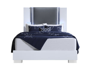HomeRoots White Contemporary Queen Bed Frame with Gray Wood, Faux Leather, LED Lighted Headboard & Chrome Accents 564753
