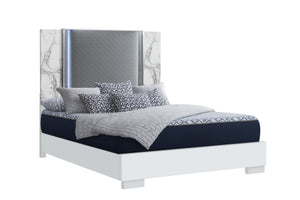 Homeroots White Luxurious Lighted King Bed Frame In White And Gray Wood With Faux Leather - Comfort Redefined!  Wood 564754
