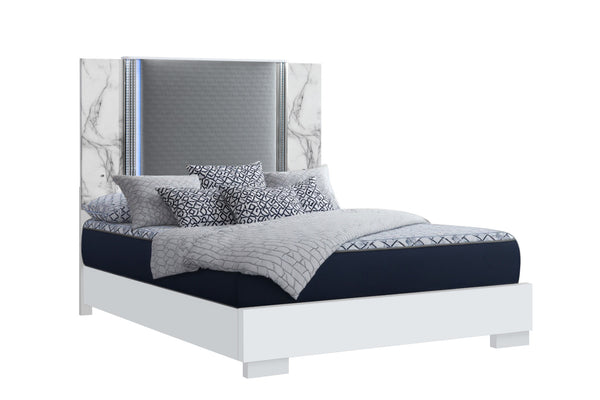 Homeroots White Luxurious Lighted King Bed Frame In White And Gray Wood With Faux Leather - Comfort Redefined!  Wood 564754