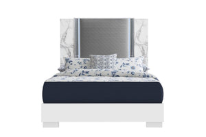 Homeroots White Luxurious Lighted King Bed Frame In White And Gray Wood With Faux Leather - Comfort Redefined!  Wood 564754