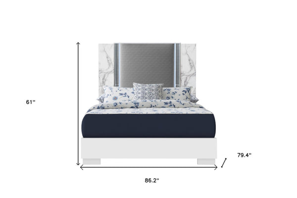 Homeroots White Luxurious Lighted King Bed Frame In White And Gray Wood With Faux Leather - Comfort Redefined!  Wood 564754