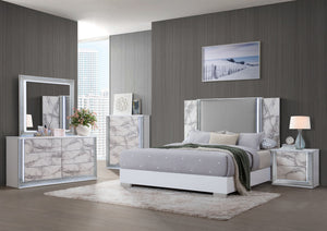Homeroots White Luxurious Lighted King Bed Frame In White And Gray Wood With Faux Leather - Comfort Redefined!  Wood 564754