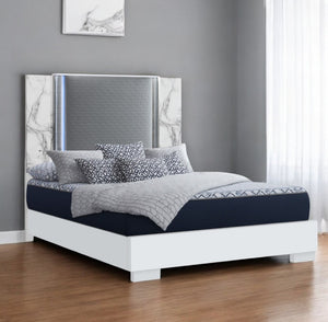 HomeRoots White King Bed Frame with Gray Wood & Faux Leather, LED Lighting & Modern Design for Stylish Bedrooms 564754