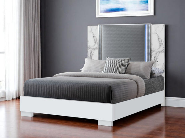 HomeRoots White Faux Marble Queen Bed Frame with Upholstery and LED Lighting - Modern, Stylish, Durable Design 564755