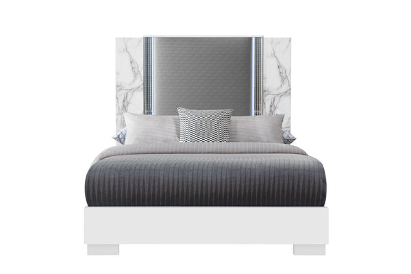 HomeRoots White Faux Marble Queen Bed Frame with Upholstery and LED Lighting - Modern, Stylish, Durable Design 564755