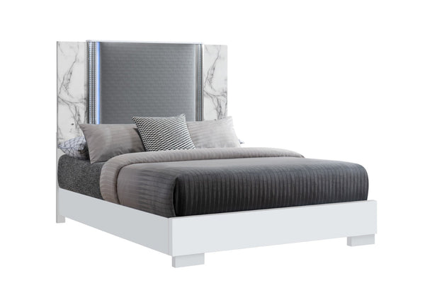 HomeRoots White Faux Marble Queen Bed Frame with Upholstery and LED Lighting - Modern, Stylish, Durable Design 564755