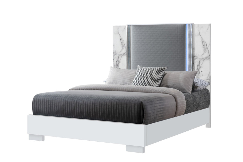 HomeRoots White Faux Marble Queen Bed Frame with Upholstery and LED Lighting - Modern, Stylish, Durable Design 564755