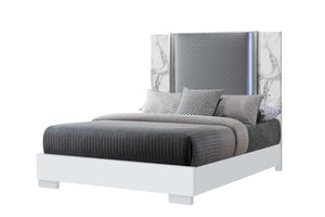 HomeRoots White Faux Marble Queen Bed Frame with Upholstery and LED Lighting - Modern, Stylish, Durable Design 564755