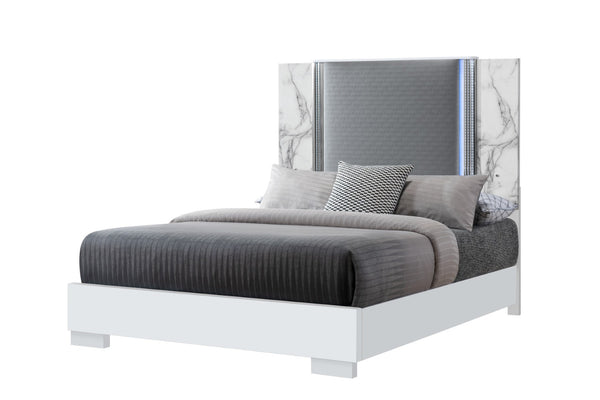 HomeRoots White Faux Marble Queen Bed Frame with Upholstery and LED Lighting - Modern, Stylish, Durable Design 564755