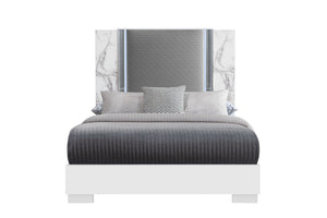 HomeRoots White Faux Marble Queen Bed Frame with Upholstery and LED Lighting - Modern, Stylish, Durable Design 564755