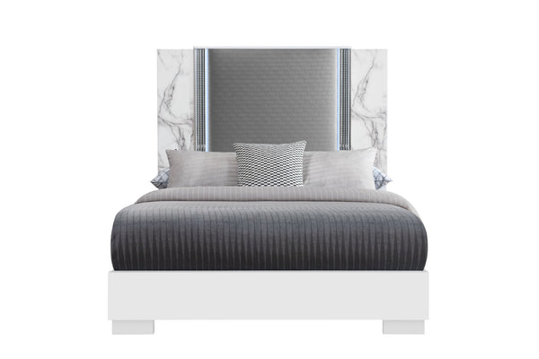 HomeRoots White Faux Marble Queen Bed Frame with Upholstery and LED Lighting - Modern, Stylish, Durable Design 564755